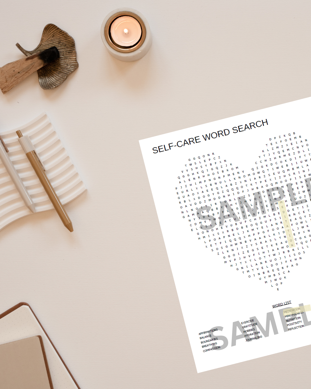 Self-care word search sheet on a table with candles and books