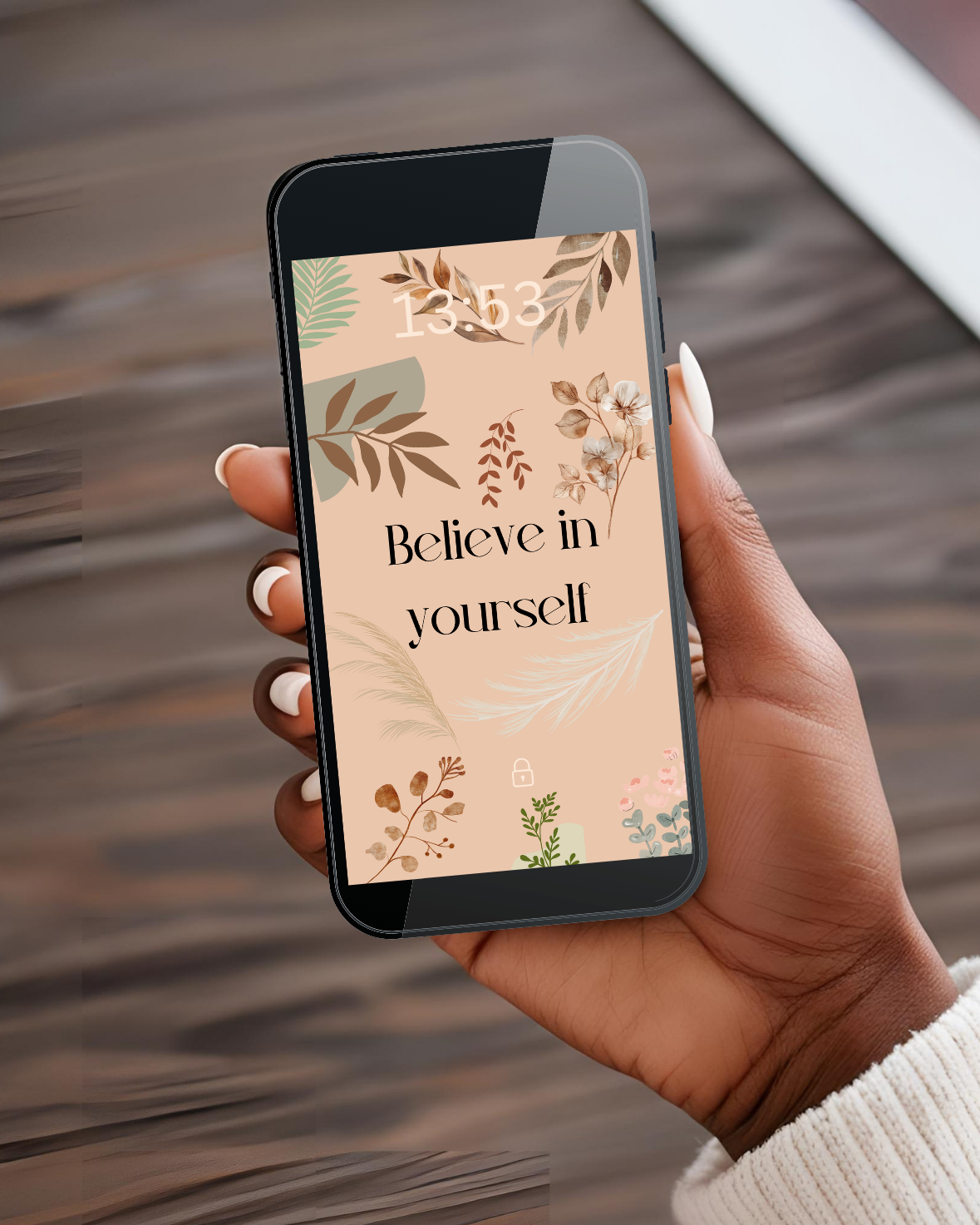 Positive Quote "Believe in Yourself" Boho Mobile Phone Wallpaper | Minimalist iPhone and Android Screen Saver