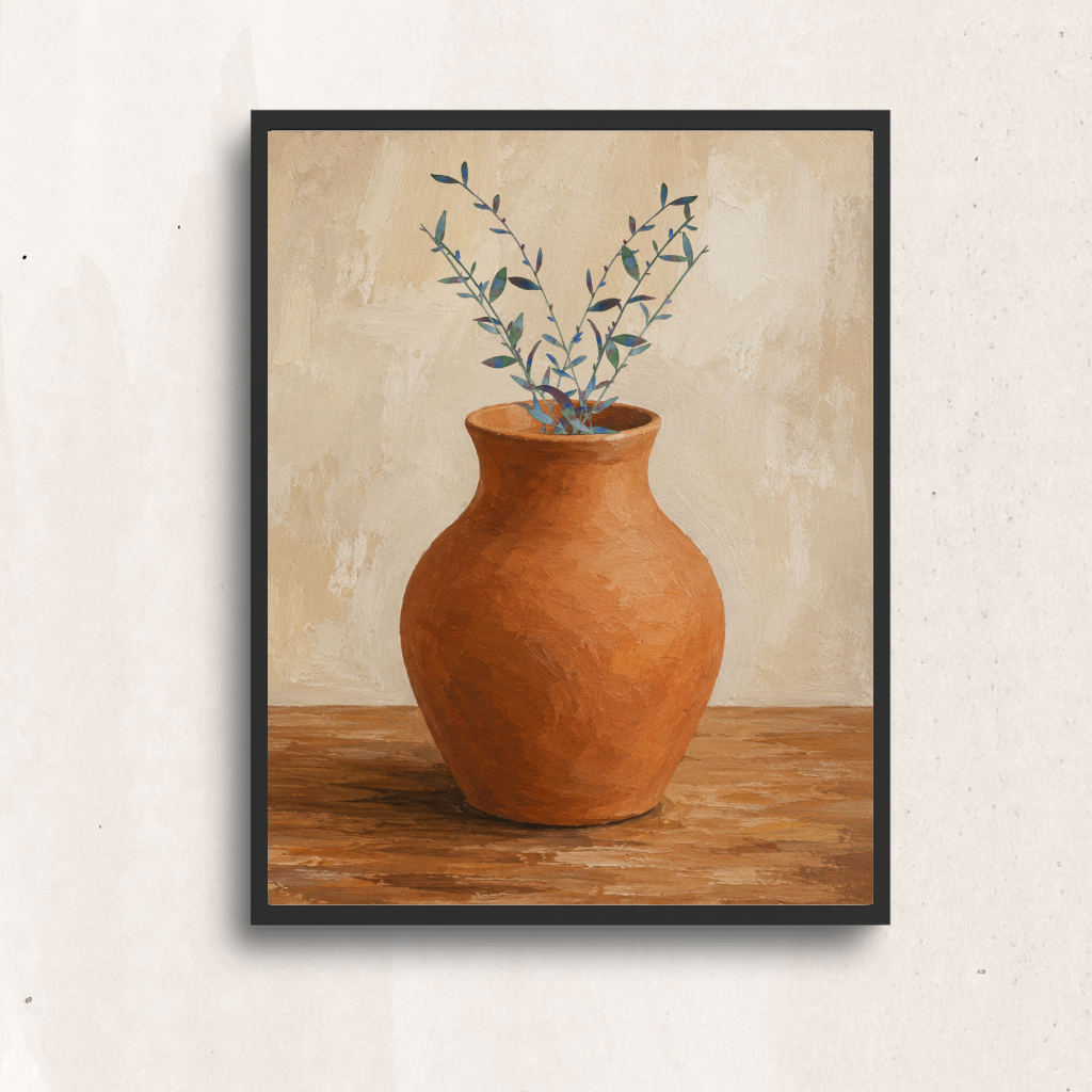 Rustic vase painting with delicate leafy branches displayed as neutral wall art