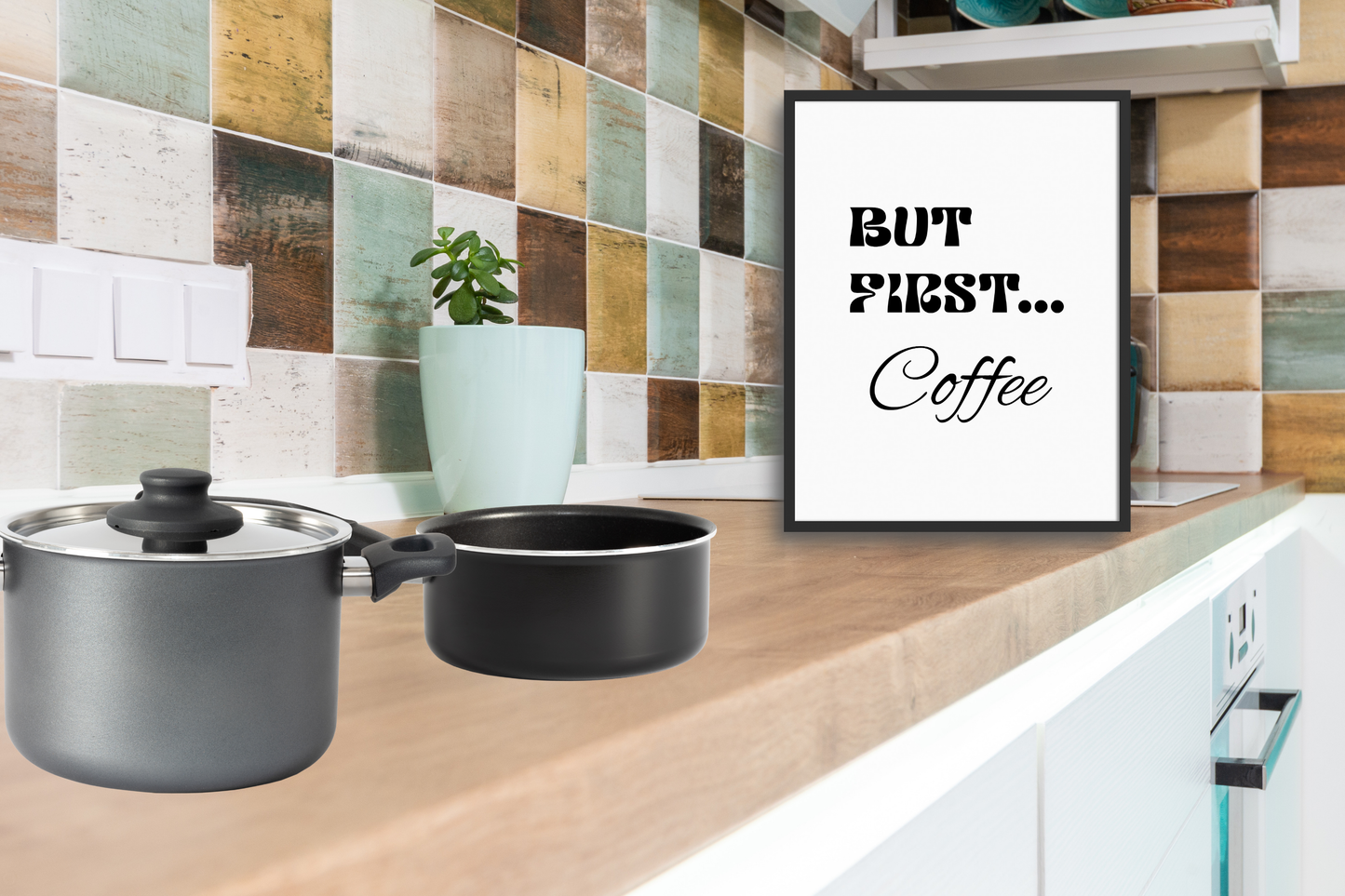 Soft life kitchen wall art featuring black and white coffee quote