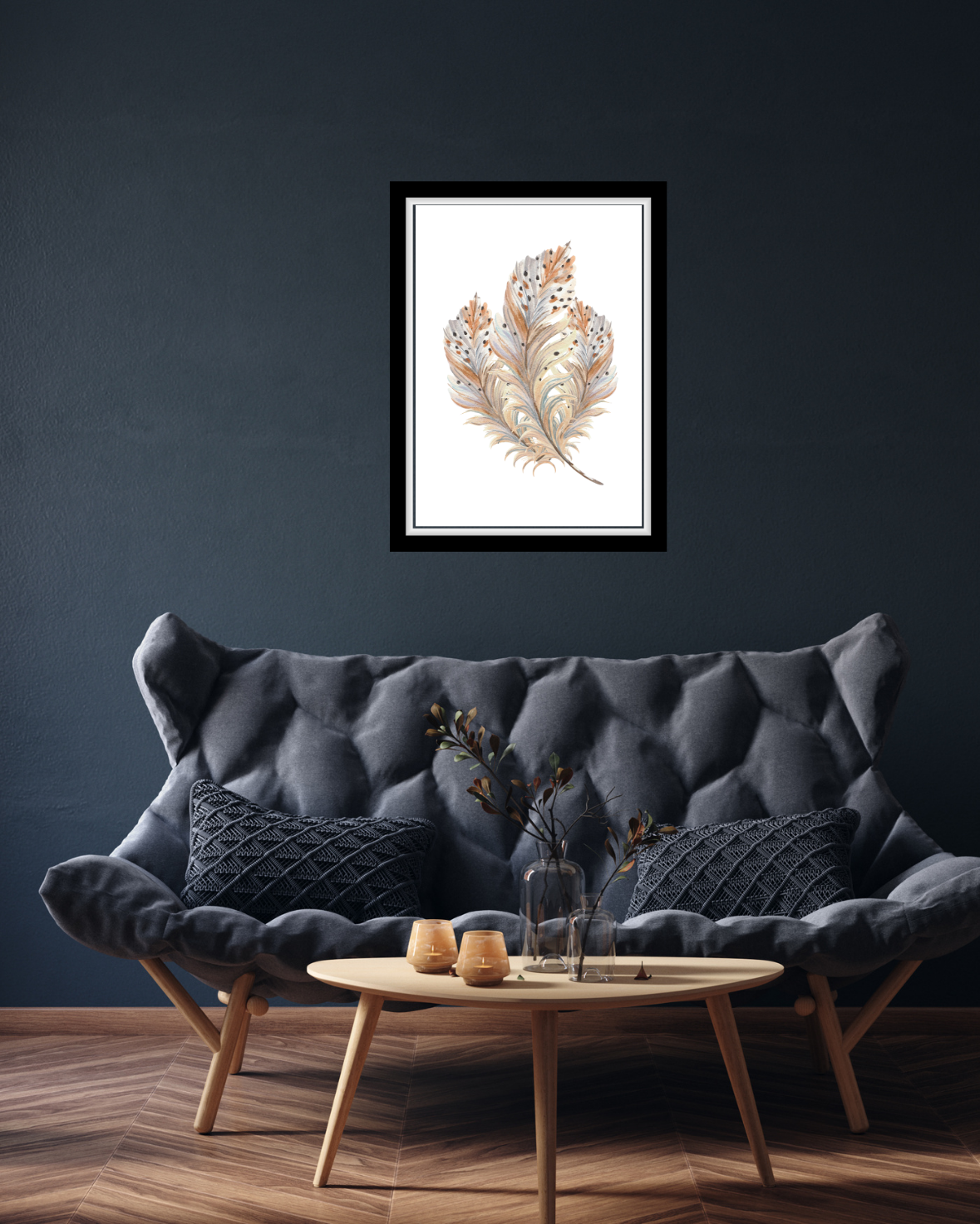 Reading nook wall decor mock-up featuring printable boho feather wall art in a soft, cosy corner with a sofa and warm lighting