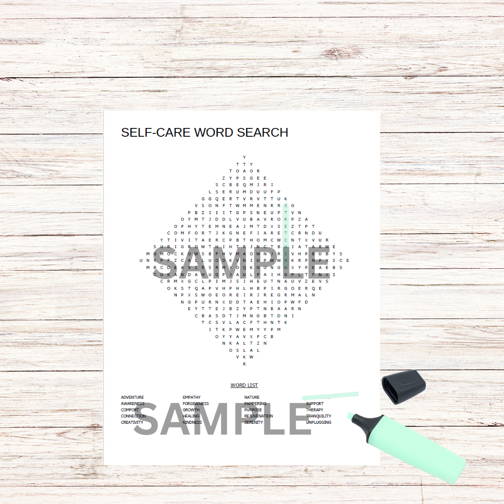Printable self-care activity for soft life lifestyle displayed on a modern home office desk