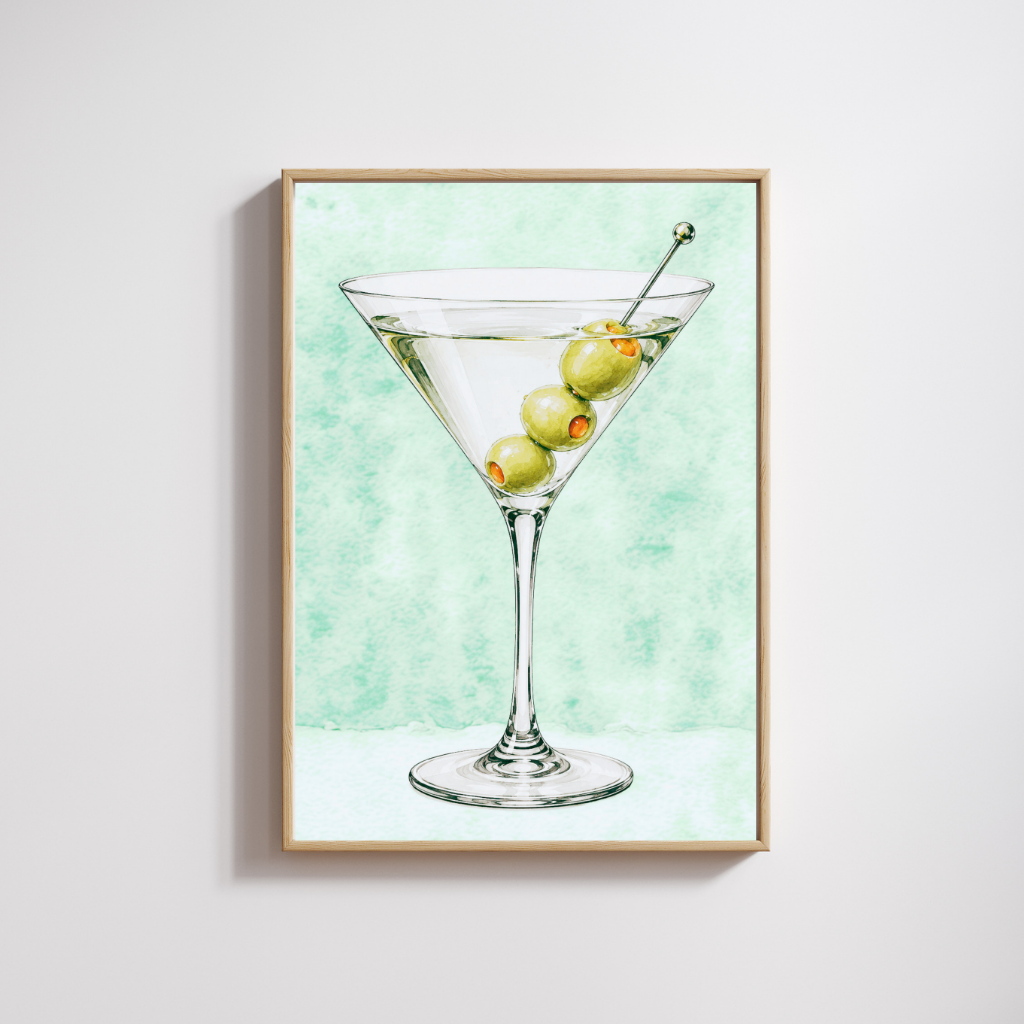 Luxury printable wall art featuring classic martini glass with olives