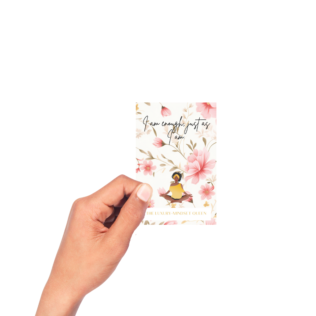 Motivational digital download cards for self-love and empowerment designed with a floral background and a woman sitting on the floor meditating