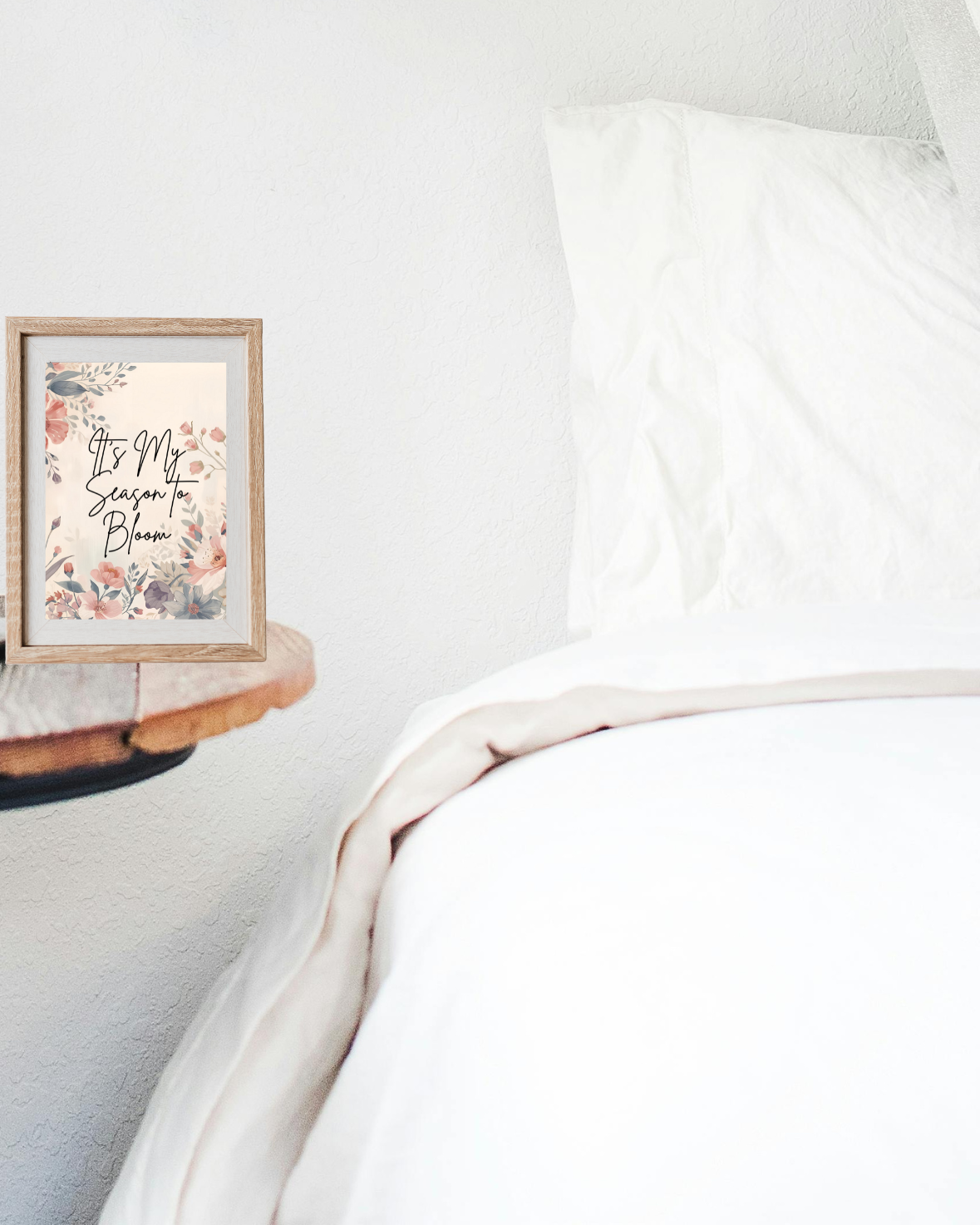 Soft life aesthetic wall print with vintage flowers and the quote “It’s My Season to Bloom” in a relaxing bedroom.