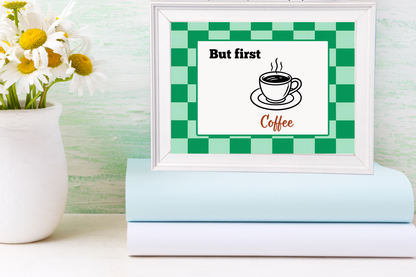 Retro-inspired digital coffee poster in bright modern space with books and floral decor