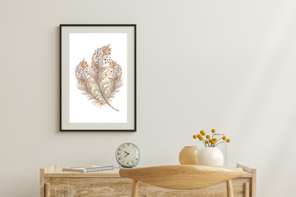 Neutral wall mock-up featuring boho watercolour feathers wall art in a minimalist office