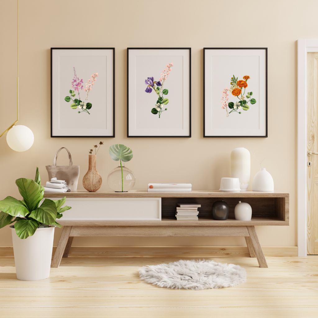 Feminine home decor digital wall art bundle with floral watercolour prints for living room