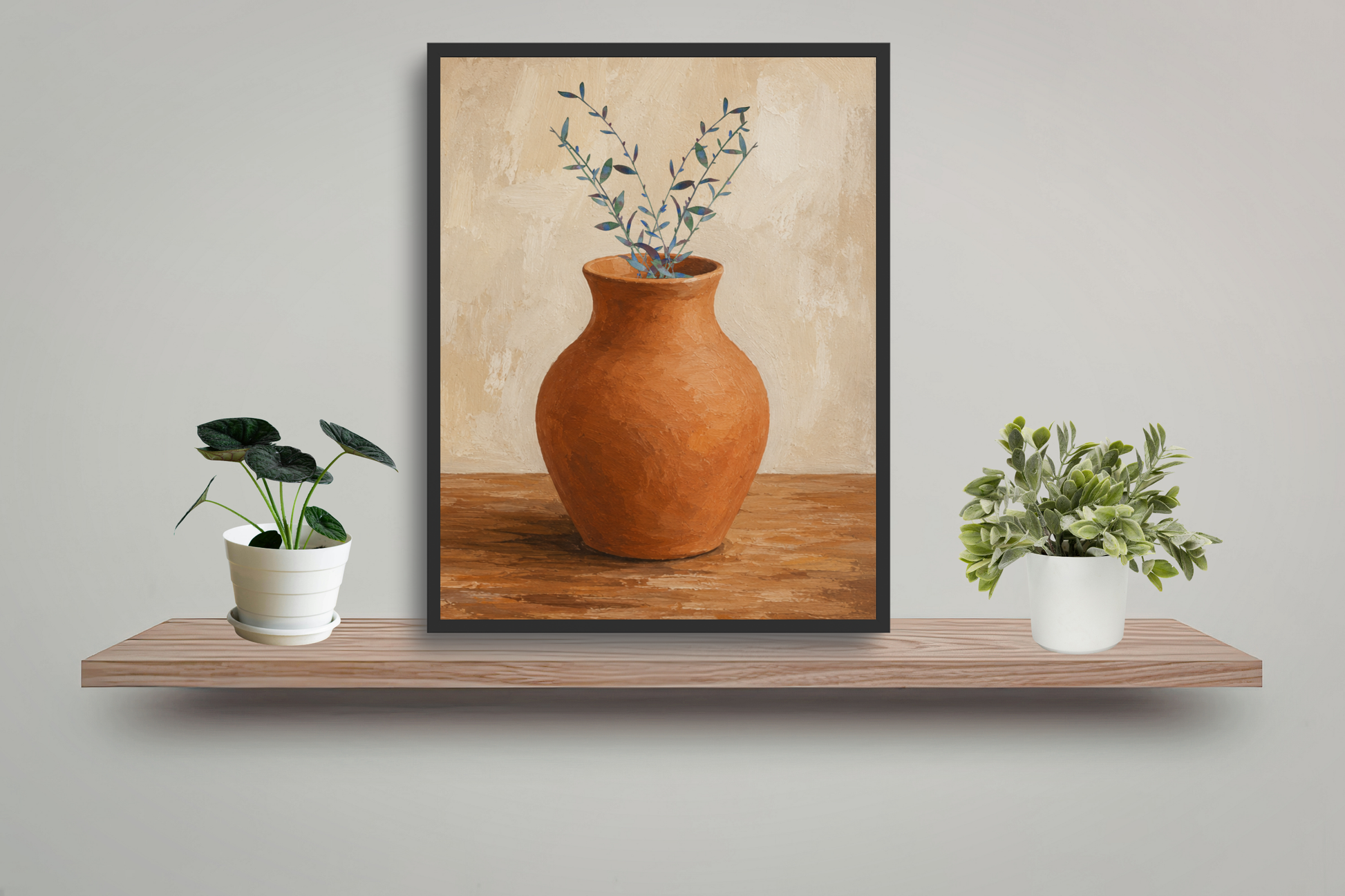 Botanical printable wall art with terracotta vase painting in neutral living room