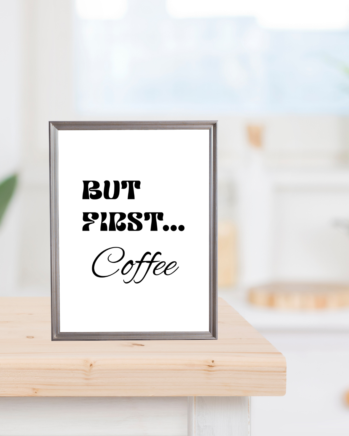Calm kitchen setup with minimalist coffee quote artwork