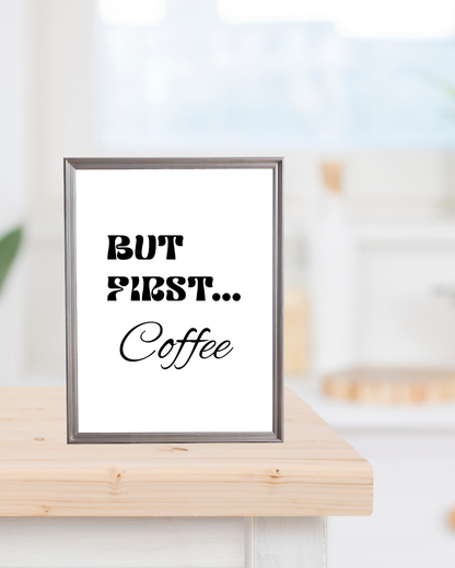 Calm kitchen setup with minimalist coffee quote artwork