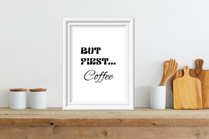 Minimal coffee typography poster next to kitchen utensils.