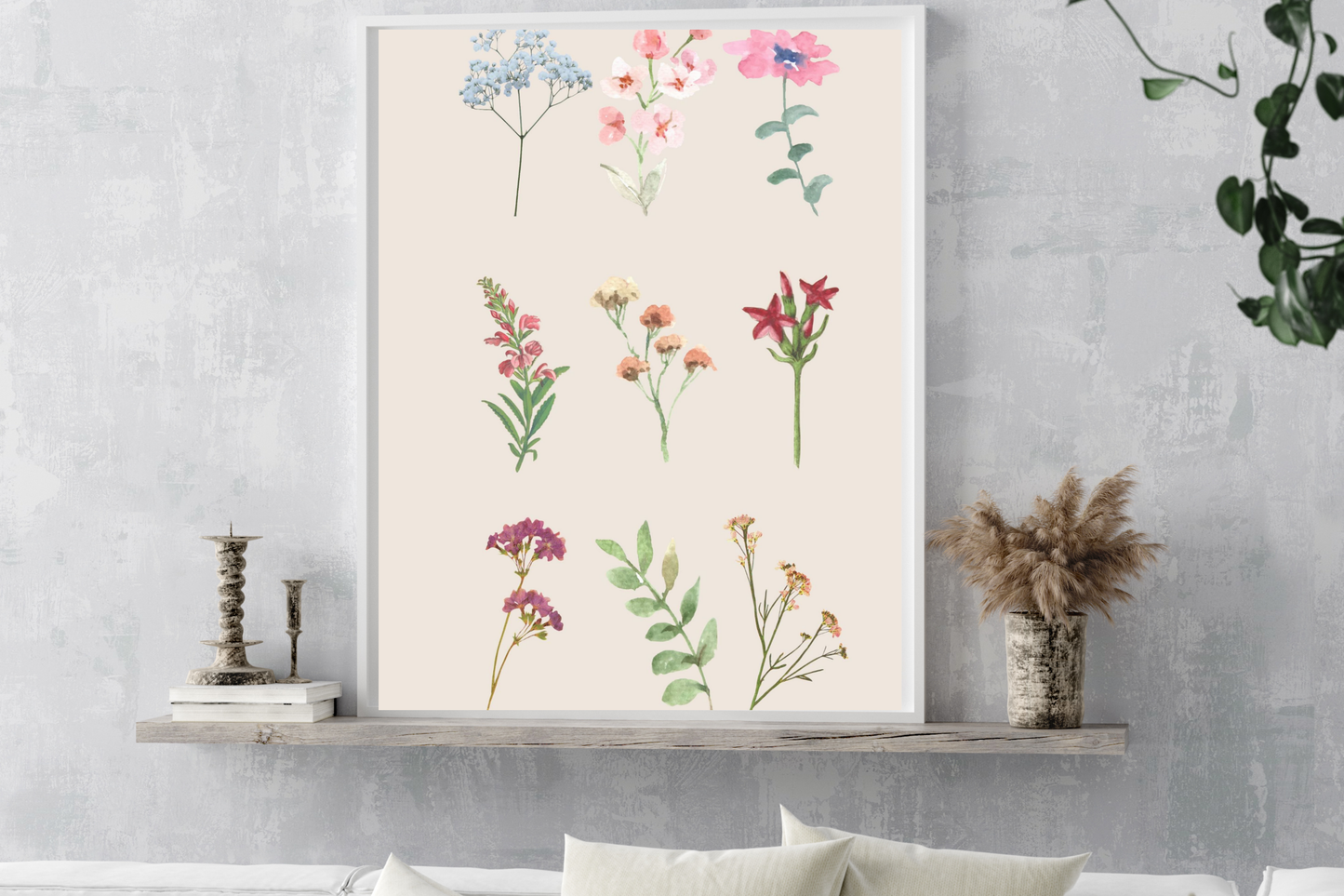 Dainty botanical floral printable wall art in an elegant neutral living room