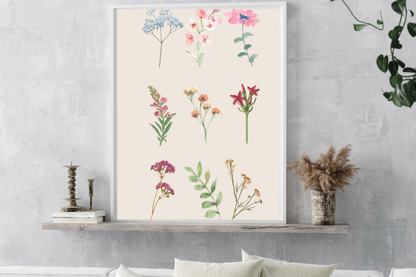Dainty botanical floral printable wall art in an elegant neutral living room