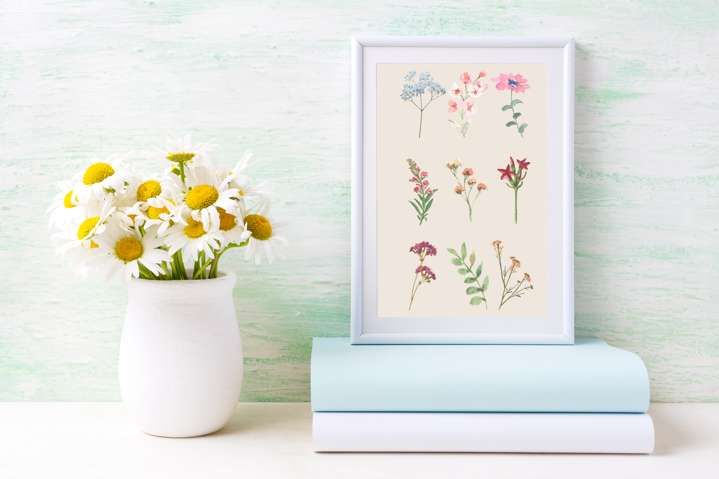 Delicate watercolour flower art print styled as soft life home décor