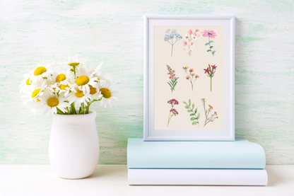 Delicate watercolour flower art print styled as soft life home décor