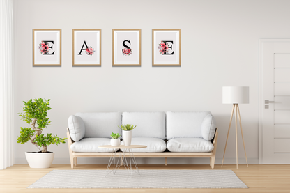 Set of four EASE printable wall art posters displayed in a minimalist living room with soft life aesthetic decor