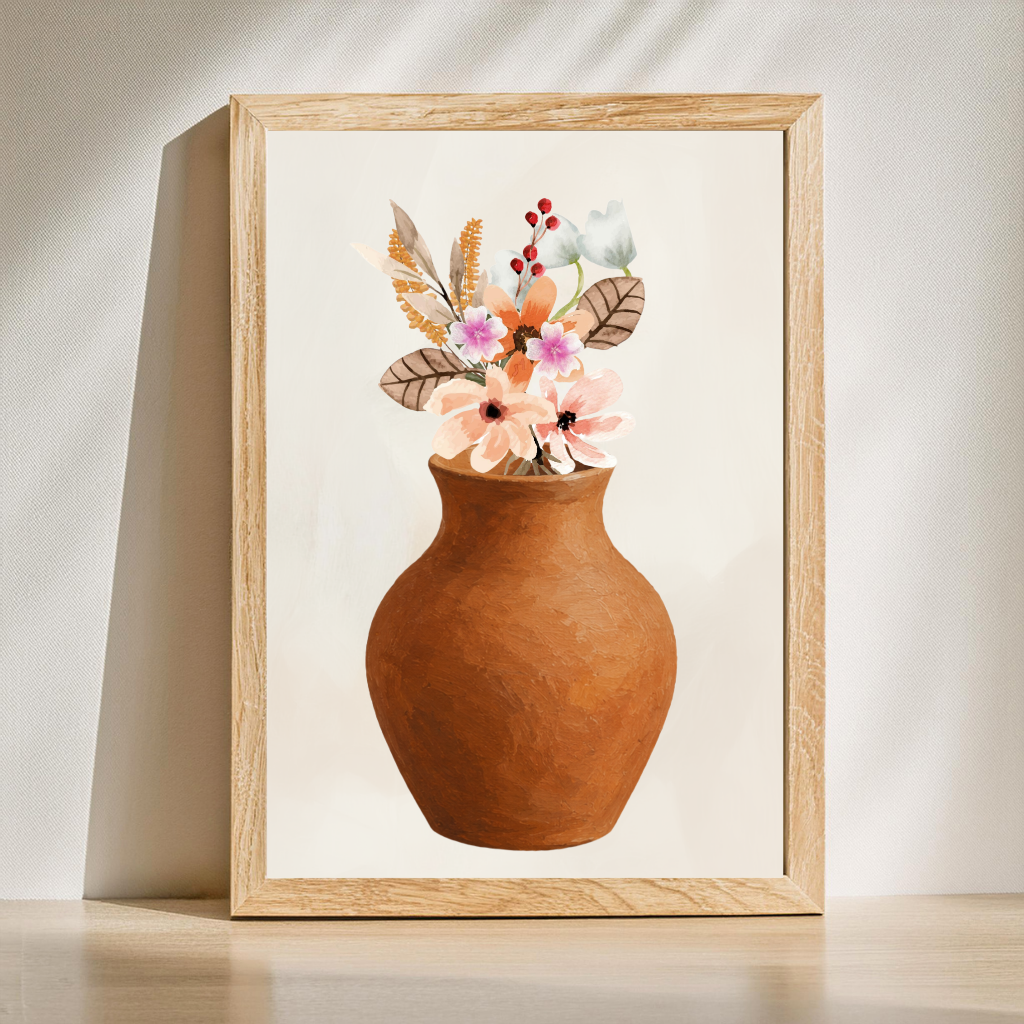Soft life botanical wall art print with peach and pink flowers in a cosy home décor mock-up