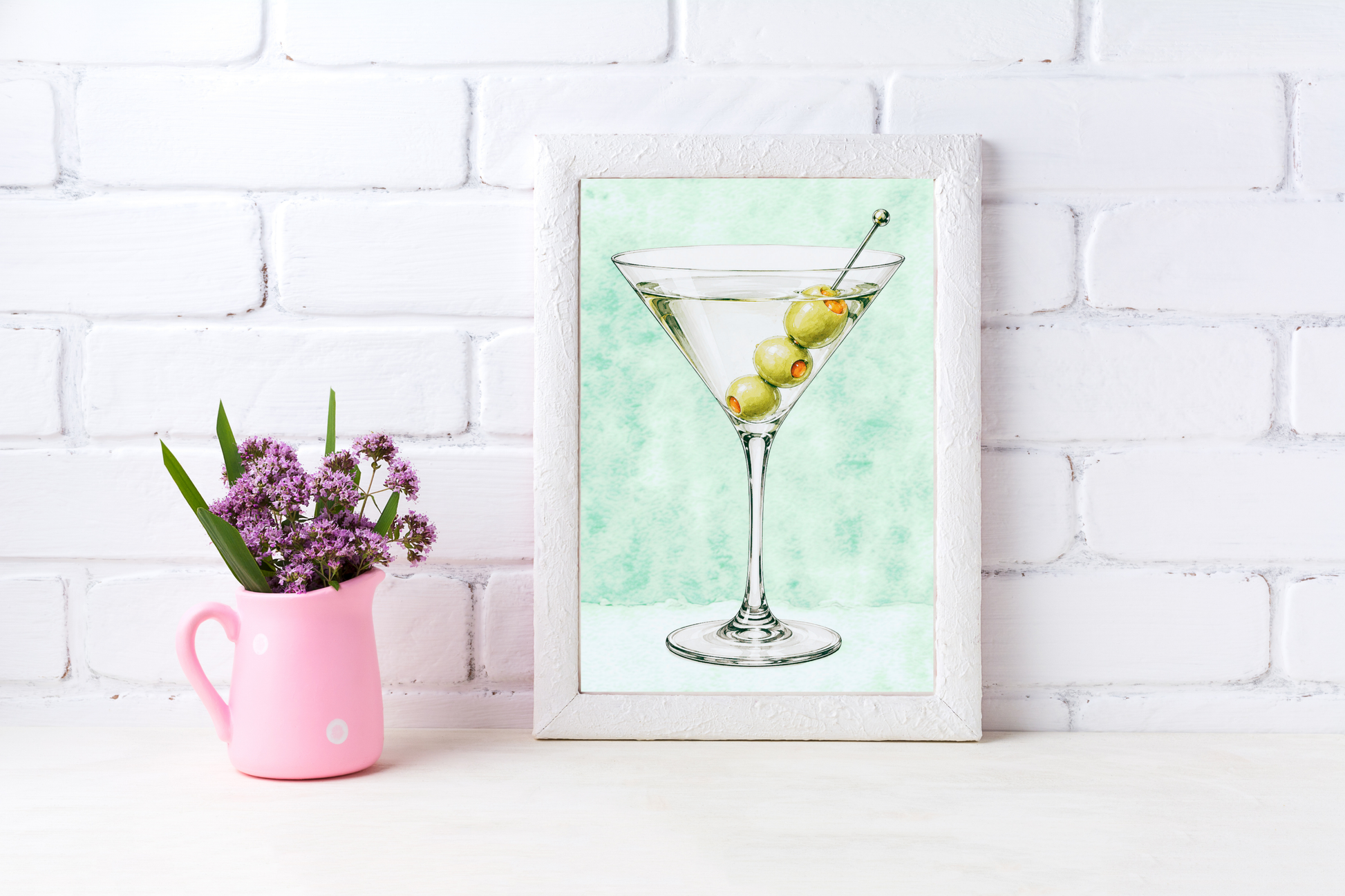Elegant martini cocktail art print styled as calm kitchen décor