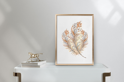 Meditation or quiet space wall decor mock-up with boho feather printable wall art styled in a peaceful, minimalist room setting