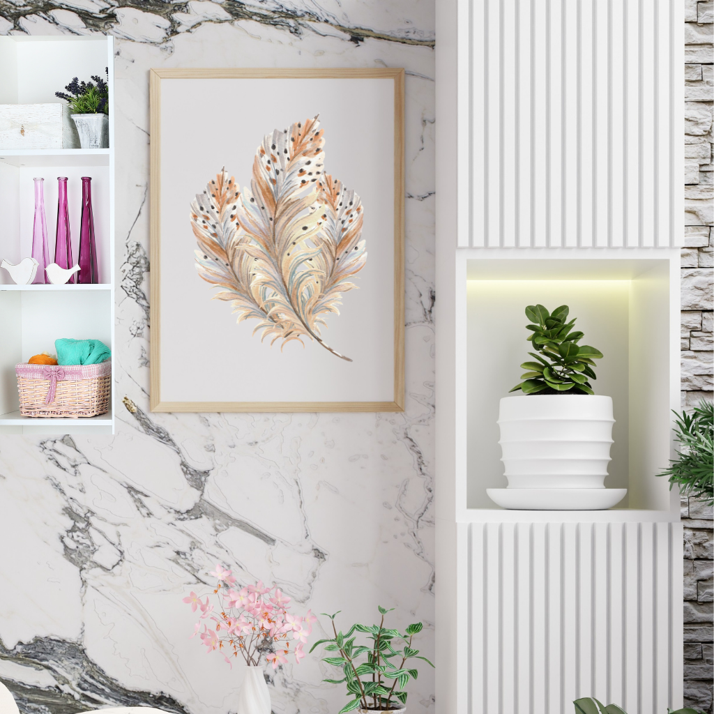 beauty room wall art displaying watercolour feathers printable styled for relaxed, calm home or salon aesthetic