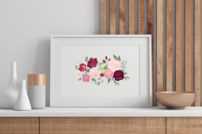 The aesthetic floral printable art with gentle florals and calming colours, framed and styled alongside minimal furnishings to evoke quiet luxury and ease.