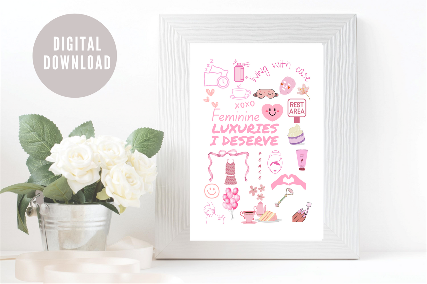 Vibrant self-care lifestyle printable poster with daily feminine ideas typography styled in a feminine space