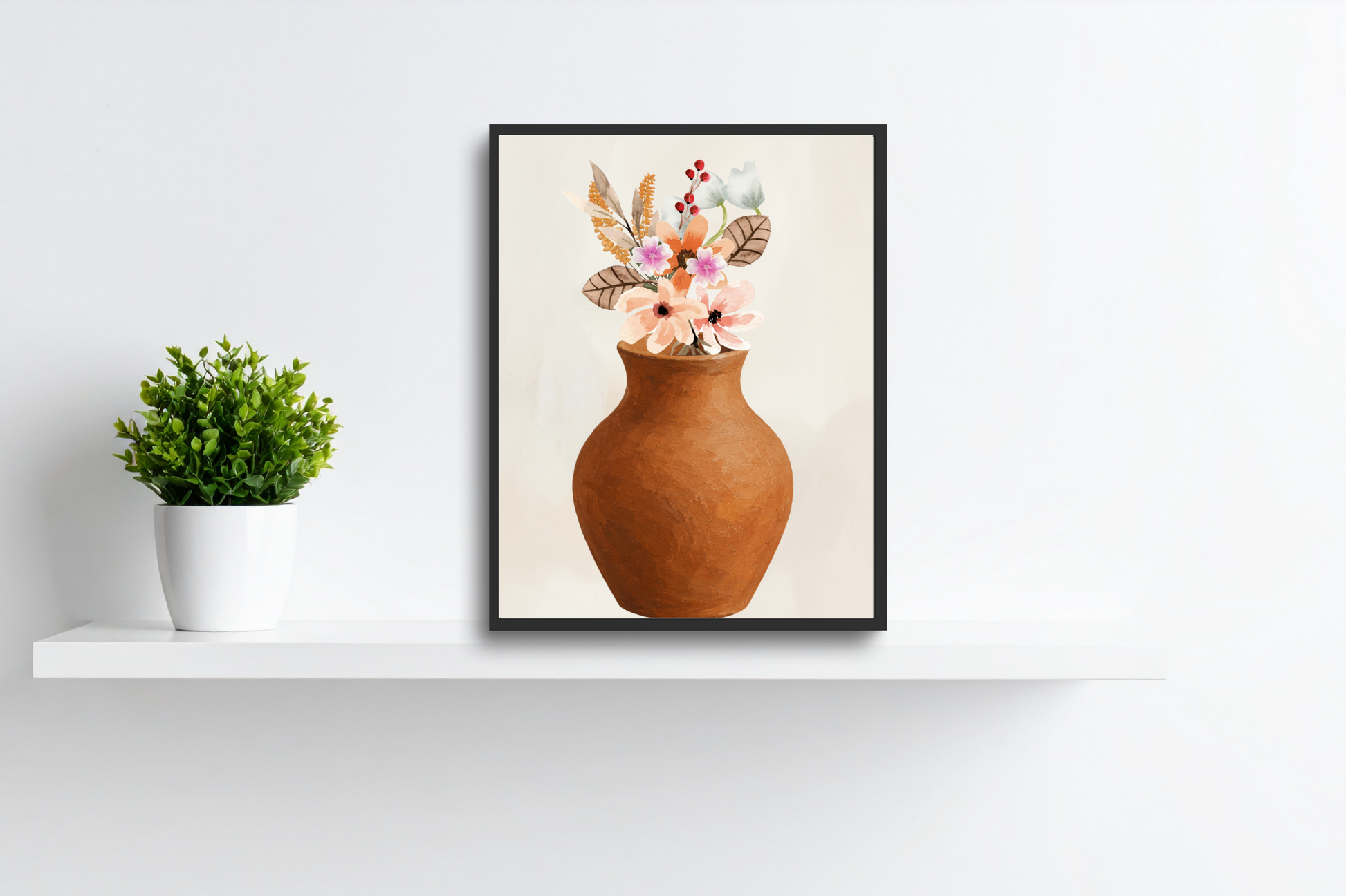 Terracotta vase floral printable wall art displayed in a calm bedroom interior