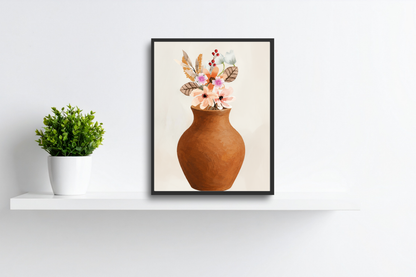 Terracotta vase floral printable wall art displayed in a calm bedroom interior