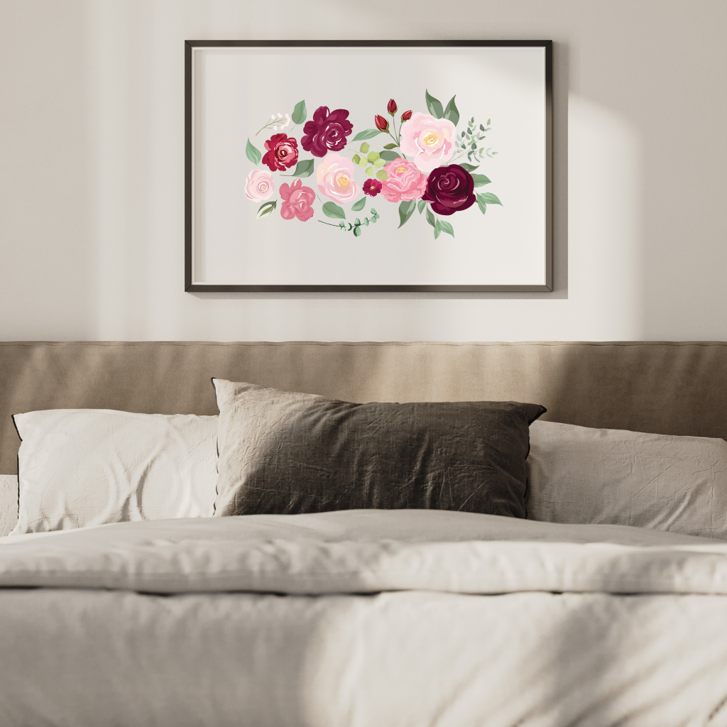 The floral printable wall art displaying delicate rose illustrations and flowing botanical elements, placed above the bed to enhance a soft, feminine and restful bedroom setting.