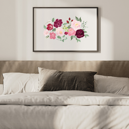 The floral printable wall art displaying delicate rose illustrations and flowing botanical elements, placed above the bed to enhance a soft, feminine and restful bedroom setting.
