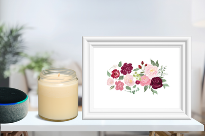 The luxury floral wall art print with refined botanical detailing, positioned above a desk to bring elegance and feminine energy into a focused workspace.