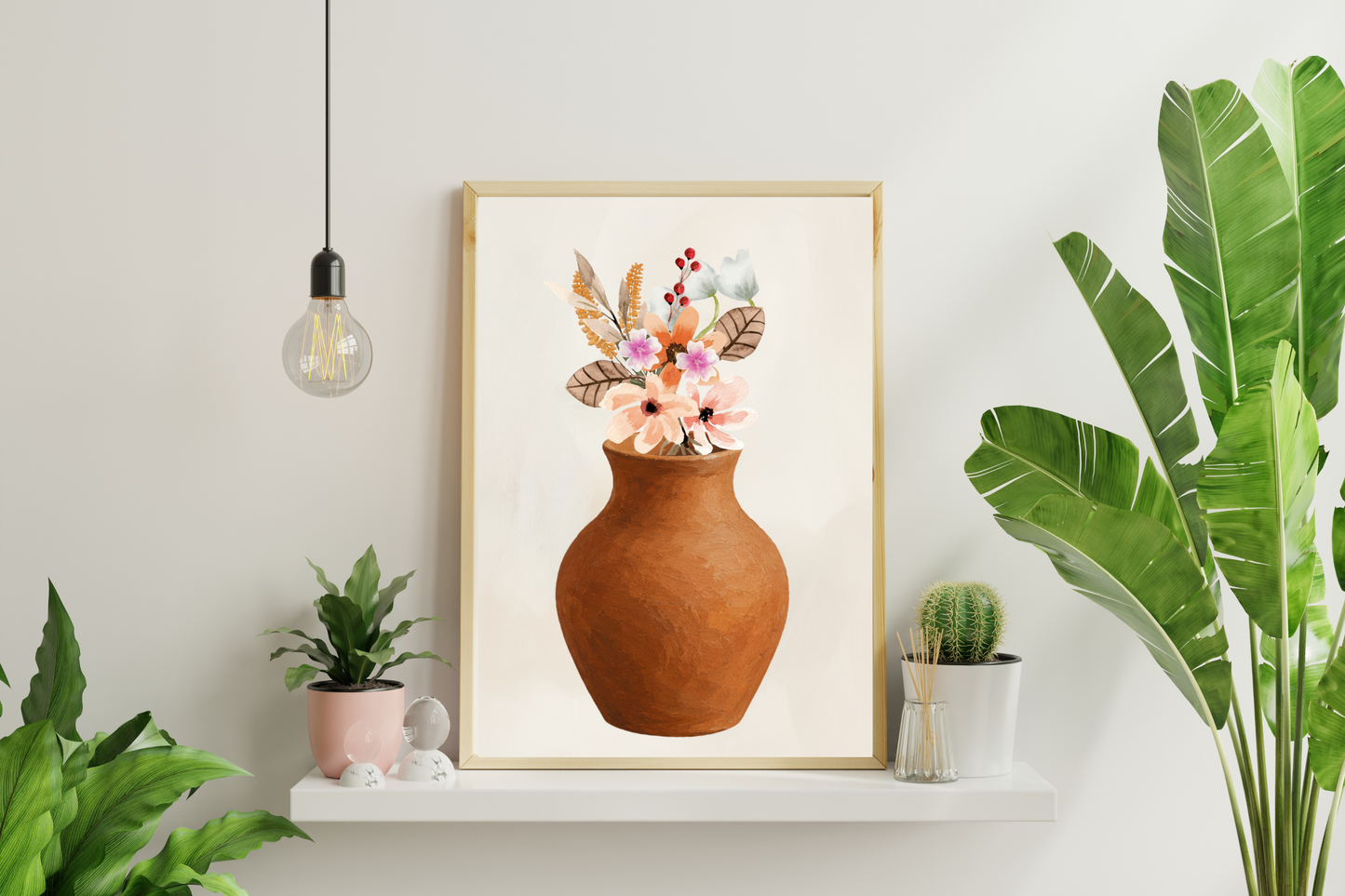 Feminine floral art print with pink flowers and earthy vase styled as living room wall art