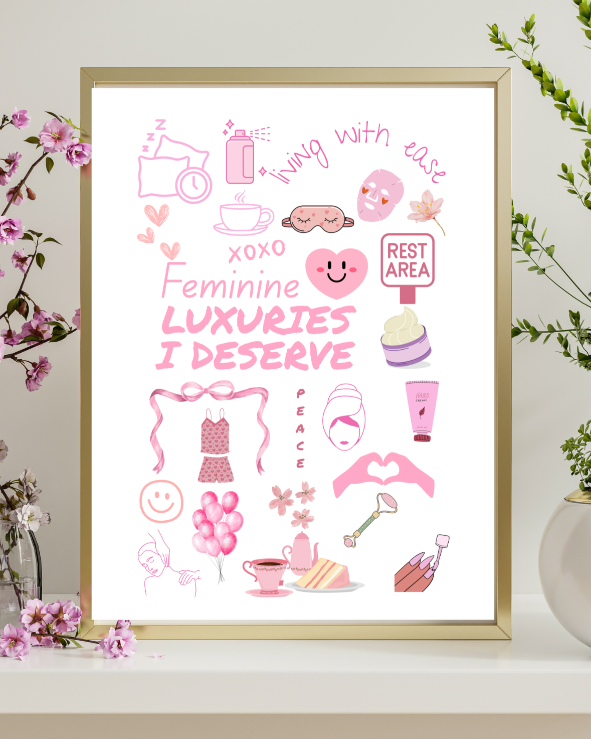 Feminine digital wall art poster framed in an inspirational, contemporary living space