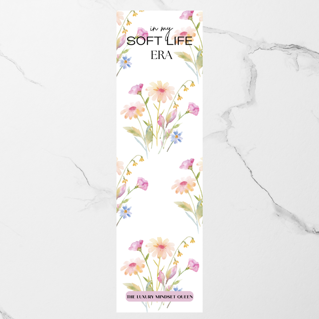 Relaxing printable bookmark with a positive quote displayed on a marble table
