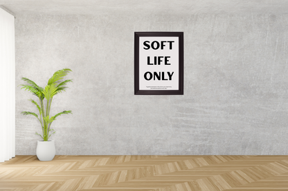 Motivational SOFT LIFE ONLY printable poster framed in a modern soft life aesthetic meditation space.