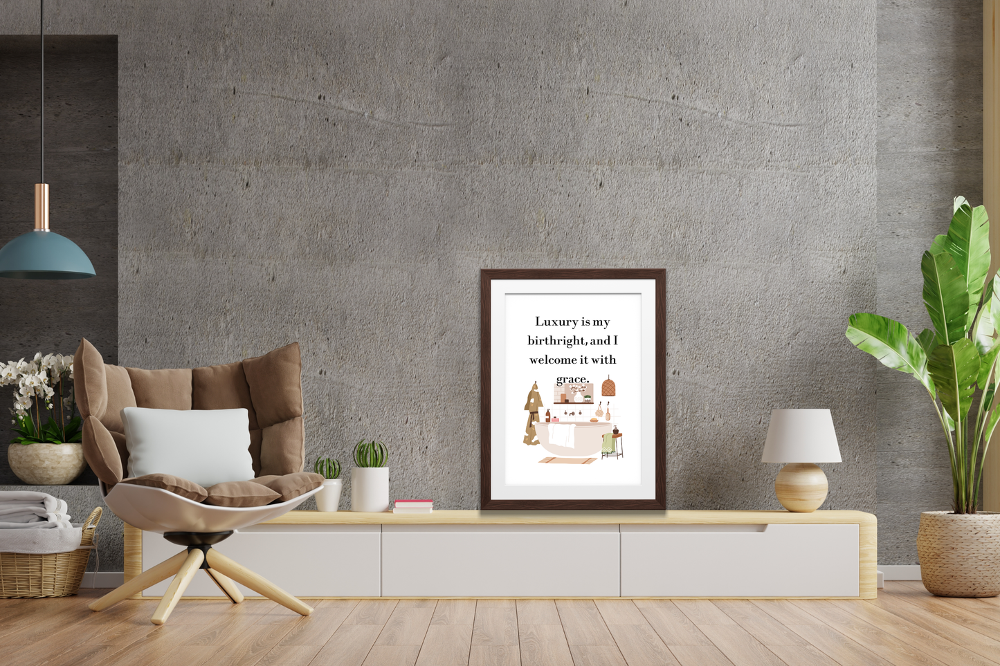 Digital wall art print reading “Luxury Is My Birthright” displayed in a calm home office or relaxation area with contemporary luxury decor.