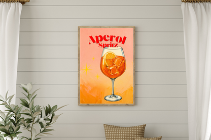 Printable kitchen wall art with retro aperol spritz illustration for feminine home decor