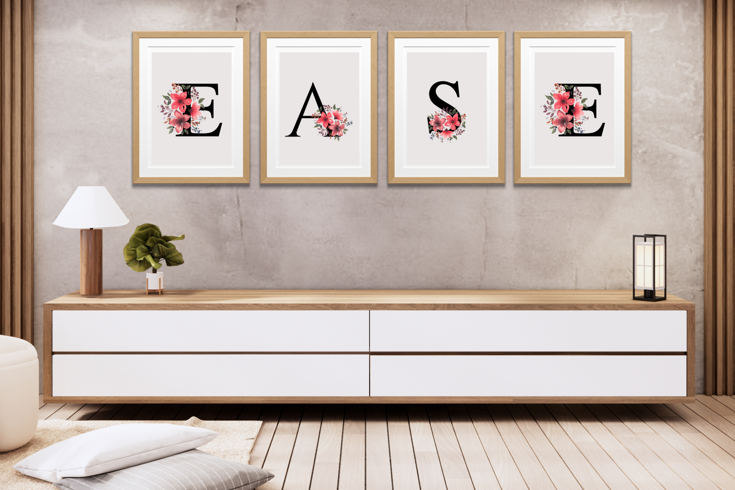 Feminine home office styled with EASE motivational wall art bundle for self-care and empowerment