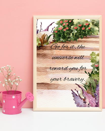 Digital download artwork displayed above a desk in a minimalist home office setup, perfect for soft life aesthetic and self-care routines.