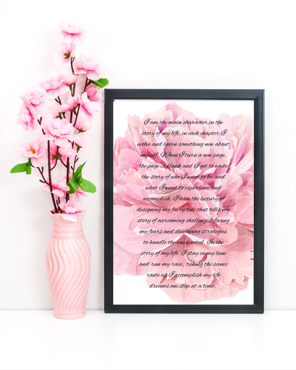 Close-up of motivational wall art with a soft pink floral background and bold black typography celebrating empowerment and self-love.