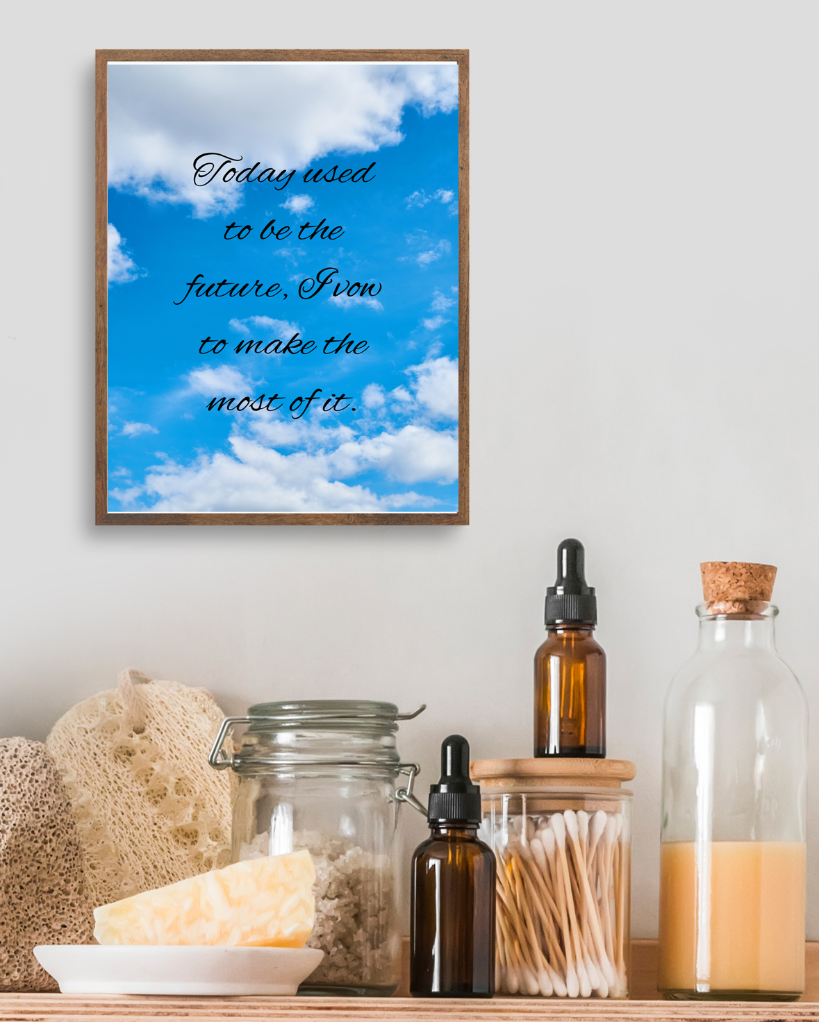Minimalist wall art with motivational quote for personal growth and soft life aesthetic decor, essential oils.