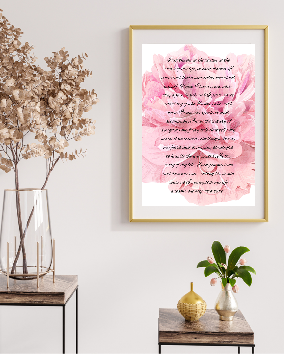 Minimalist printable wall art for women, highlighting confidence and mindset growth, styled in a modern interior.