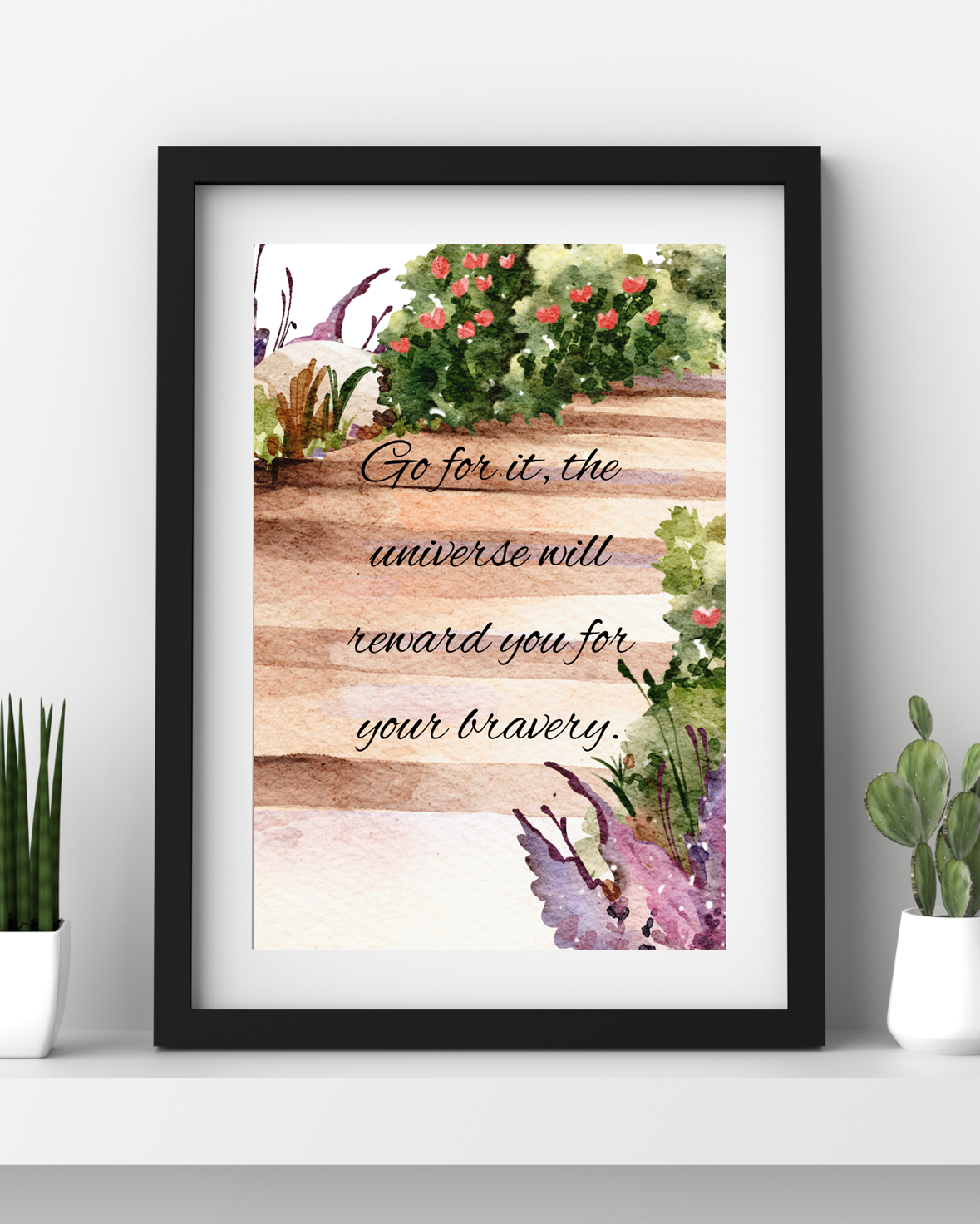 A digital motivational poster with a floral design at the bottom, featuring a quote about overcoming challenges and pursuing goals.