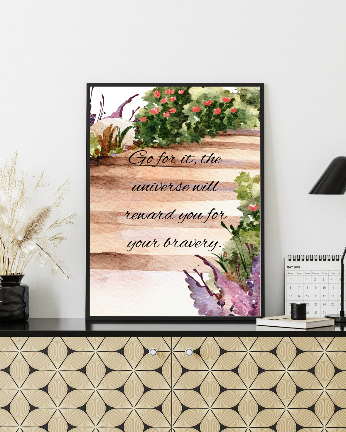 Motivational quote poster mock-up featuring pastel florals and a soft sky background, ideal for a calm and empowering atmosphere.