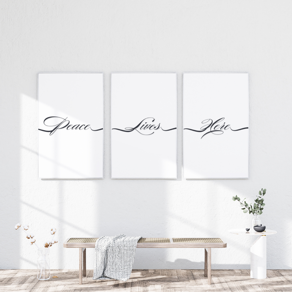 Peace Lives Here Wall Art Set | x3 Digital Poster Prints | Living Room Wall Art | Motivational Quotes for Life