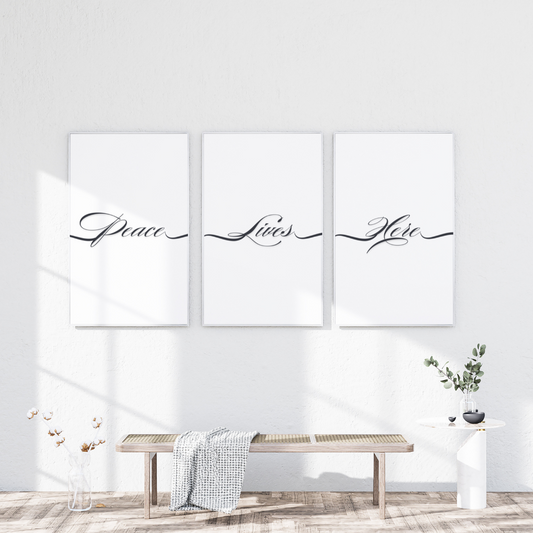 Peace Lives Here Wall Art Set | x3 Digital Poster Prints | Living Room Wall Art | Motivational Quotes for Life