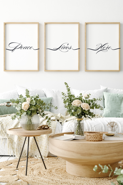 Peace Lives Here Wall Art Set | x3 Digital Poster Prints | Living Room Wall Art | Motivational Quotes for Life