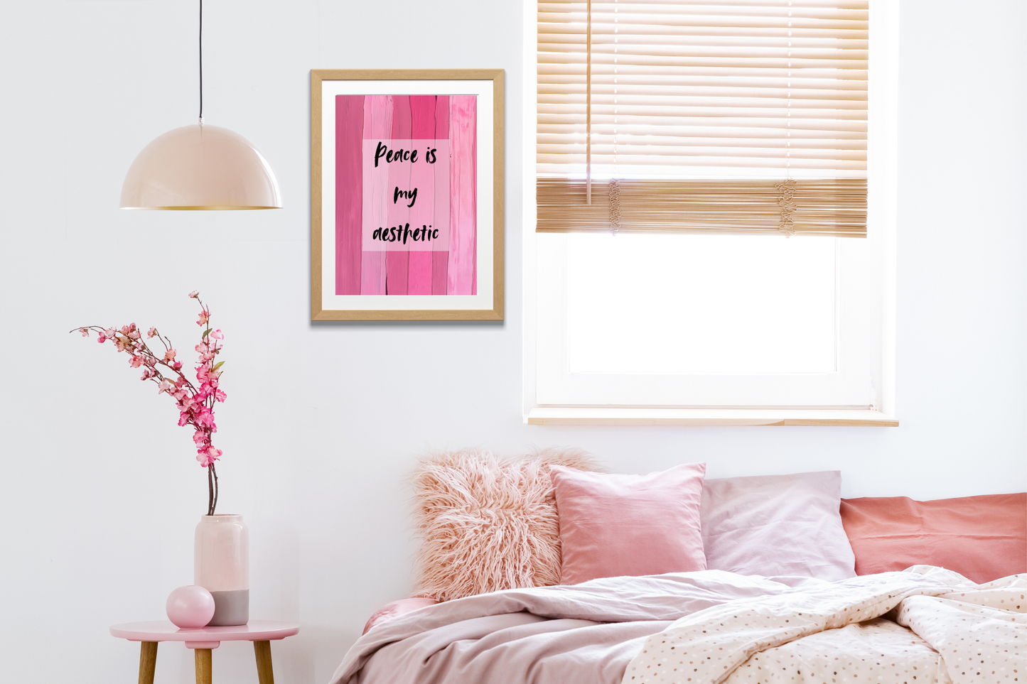 Peace Is My Aesthetic printable wall art displayed in a modern living room with neutral décor.