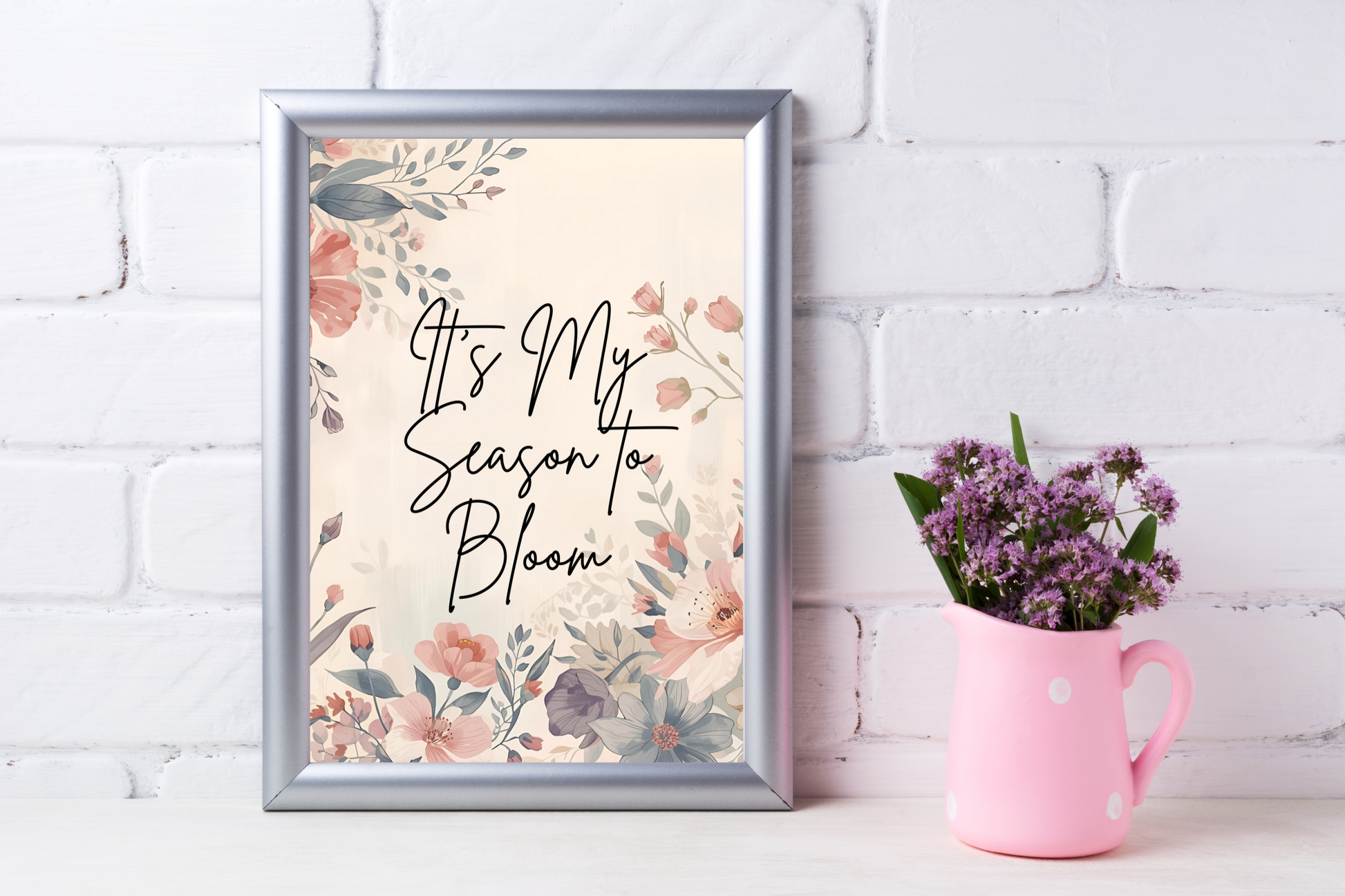 Vintage floral wall art with affirmation quote “It’s My Season to Bloom” styled in an elegant conservatory.